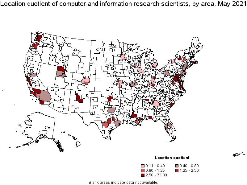 Map of location quotient of computer and information research scientists by area, May 2021