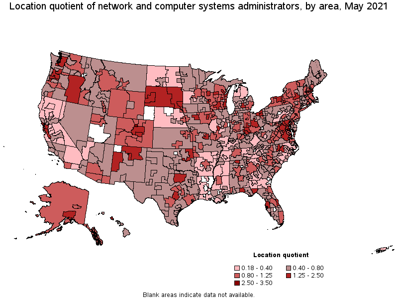 Map of location quotient of network and computer systems administrators by area, May 2021