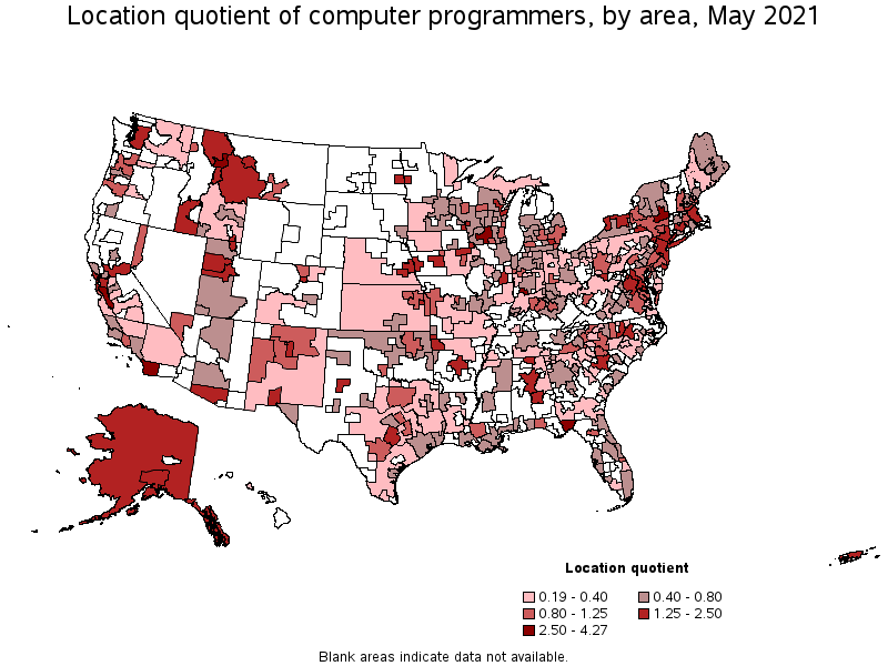 Map of location quotient of computer programmers by area, May 2021