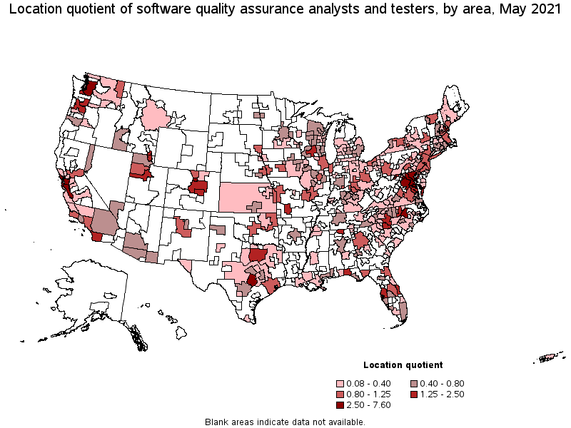 Map of location quotient of software quality assurance analysts and testers by area, May 2021