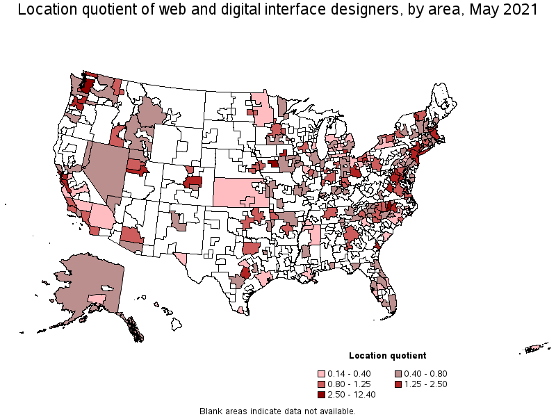 Map of location quotient of web and digital interface designers by area, May 2021