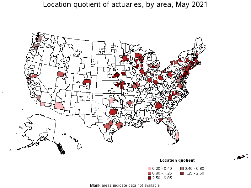 Map of location quotient of actuaries by area, May 2021