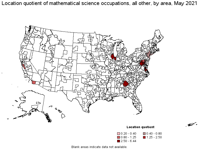 Map of location quotient of mathematical science occupations, all other by area, May 2021