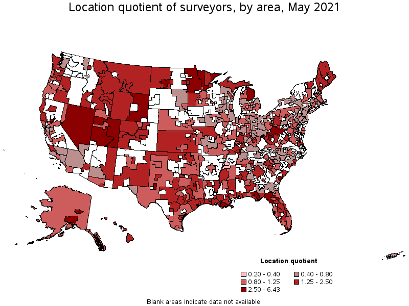 Map of location quotient of surveyors by area, May 2021