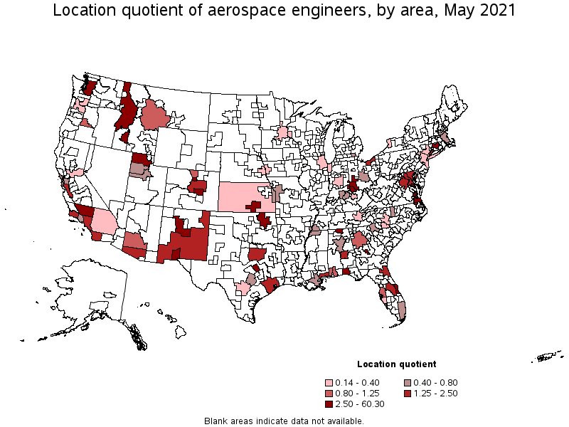 Map of location quotient of aerospace engineers by area, May 2021