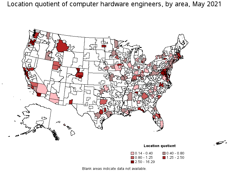 Map of location quotient of computer hardware engineers by area, May 2021