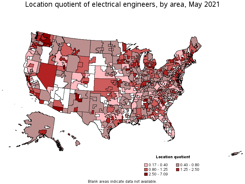 Map of location quotient of electrical engineers by area, May 2021