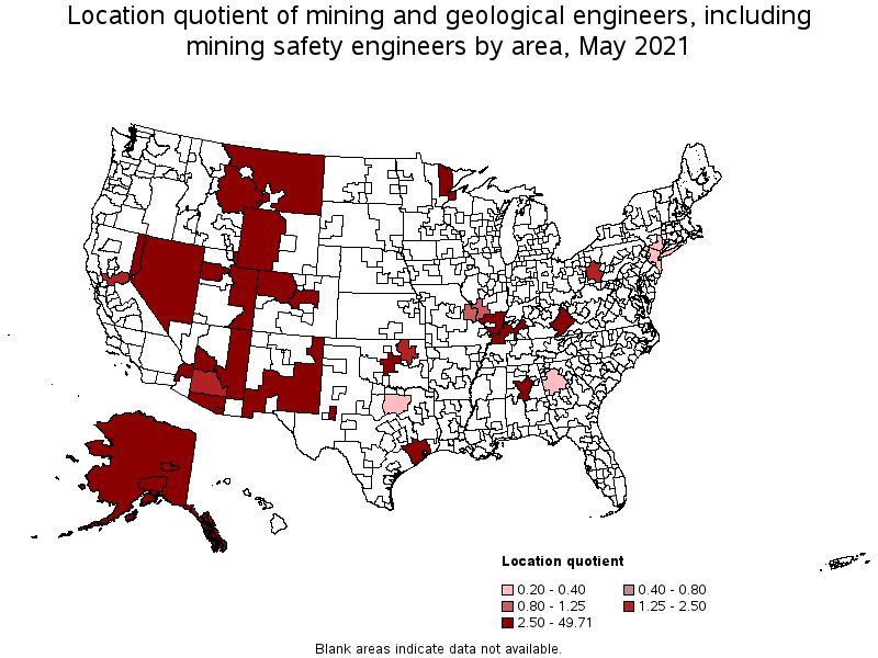 Map of location quotient of mining and geological engineers, including mining safety engineers by area, May 2021