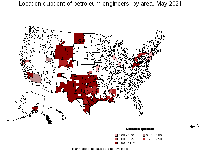 Map of location quotient of petroleum engineers by area, May 2021