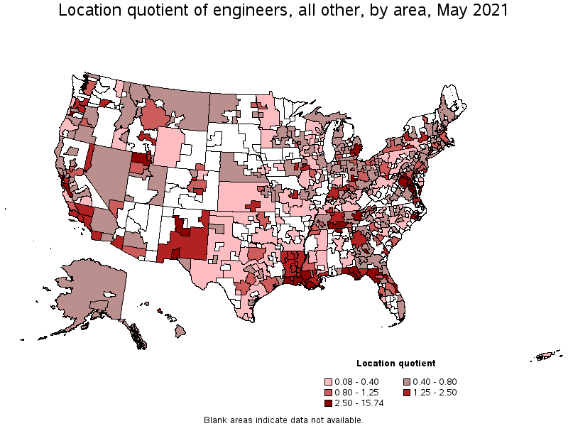 Map of location quotient of engineers, all other by area, May 2021