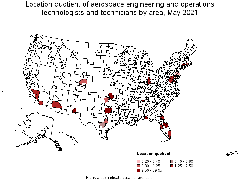 Map of location quotient of aerospace engineering and operations technologists and technicians by area, May 2021