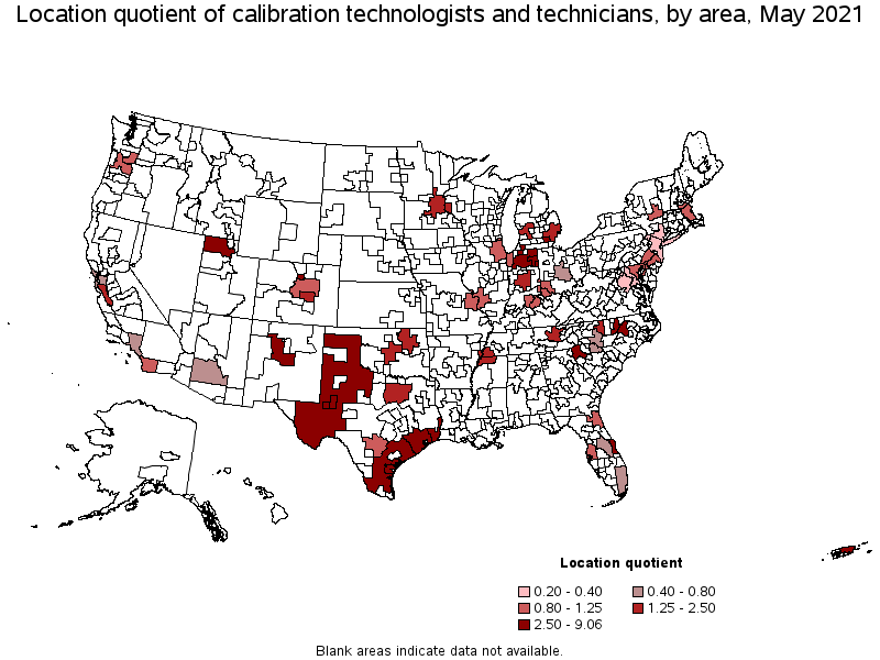 Map of location quotient of calibration technologists and technicians by area, May 2021