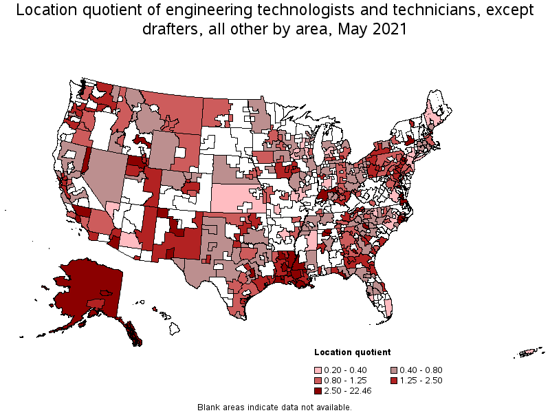 Map of location quotient of engineering technologists and technicians, except drafters, all other by area, May 2021