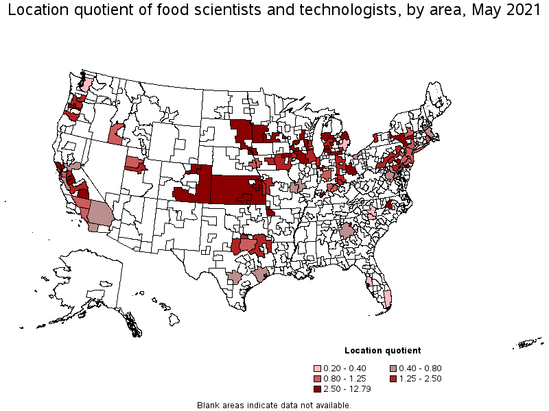 Map of location quotient of food scientists and technologists by area, May 2021