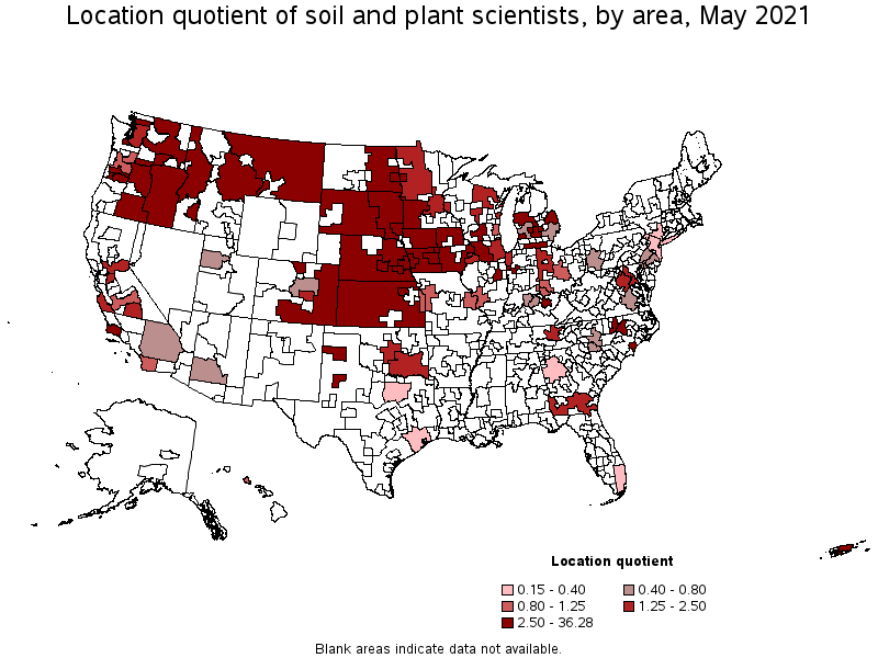 Map of location quotient of soil and plant scientists by area, May 2021