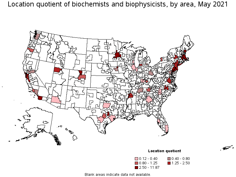 Map of location quotient of biochemists and biophysicists by area, May 2021