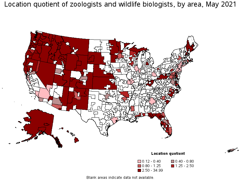 Map of location quotient of zoologists and wildlife biologists by area, May 2021