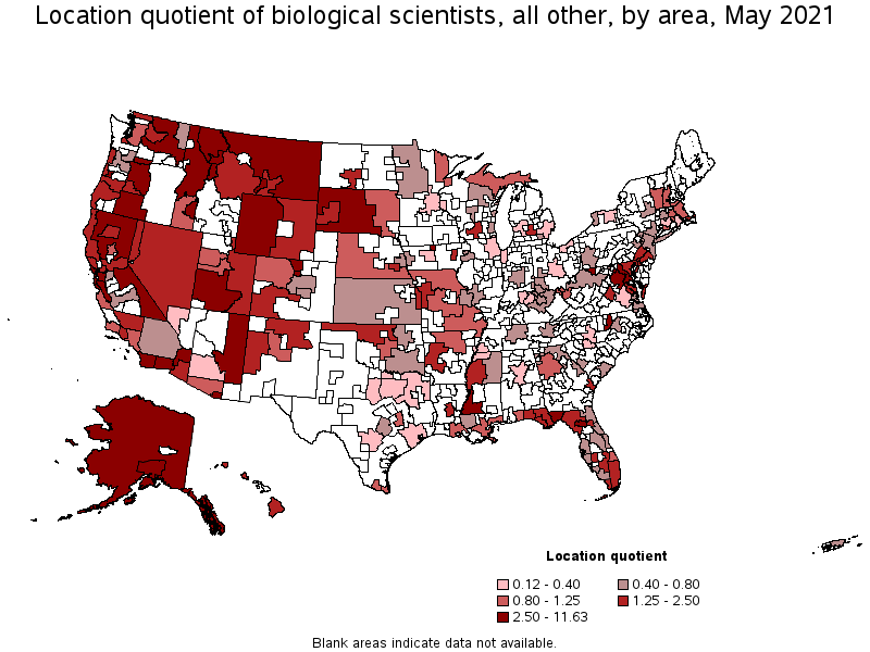 Map of location quotient of biological scientists, all other by area, May 2021