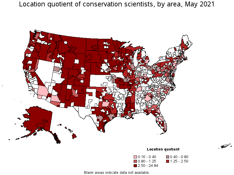 Map of location quotient of conservation scientists by area, May 2021