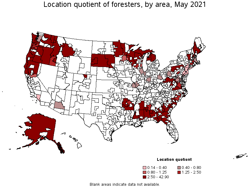 Map of location quotient of foresters by area, May 2021