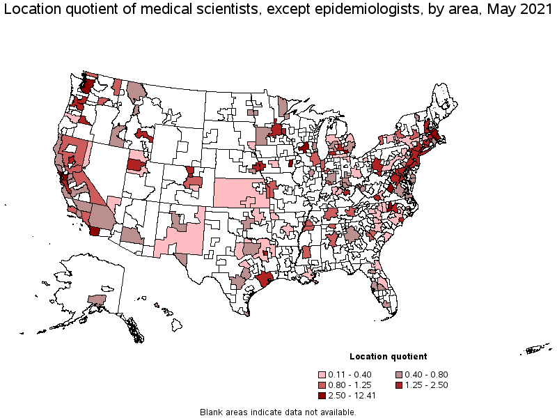 Map of location quotient of medical scientists, except epidemiologists by area, May 2021