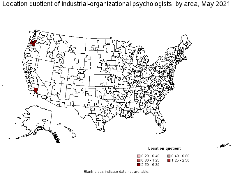 Map of location quotient of industrial-organizational psychologists by area, May 2021