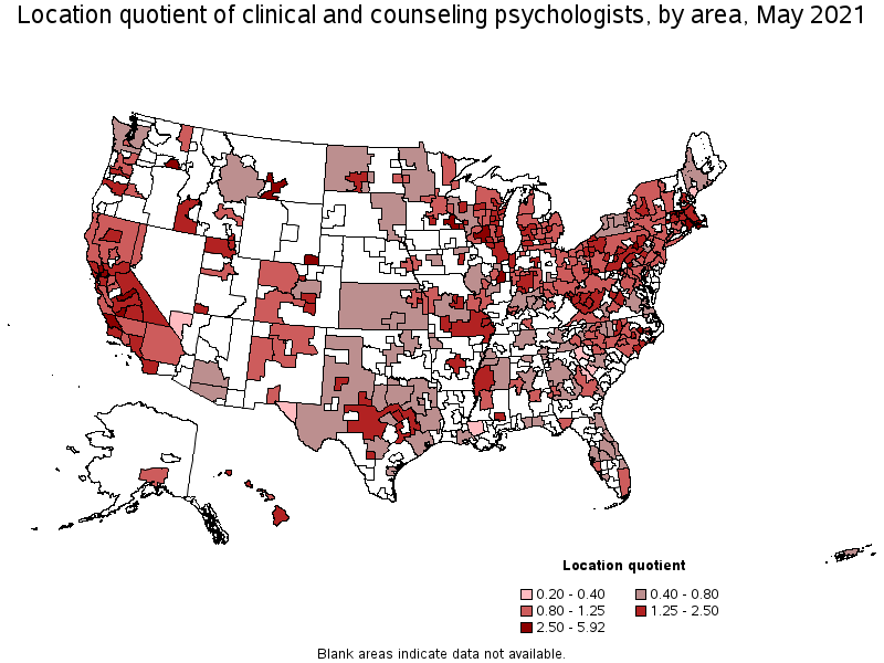 Map of location quotient of clinical and counseling psychologists by area, May 2021