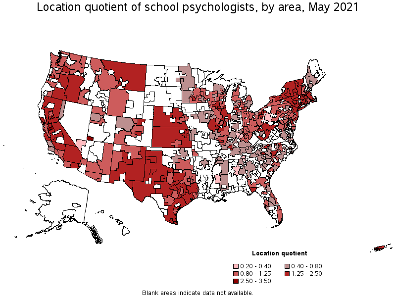 Map of location quotient of school psychologists by area, May 2021