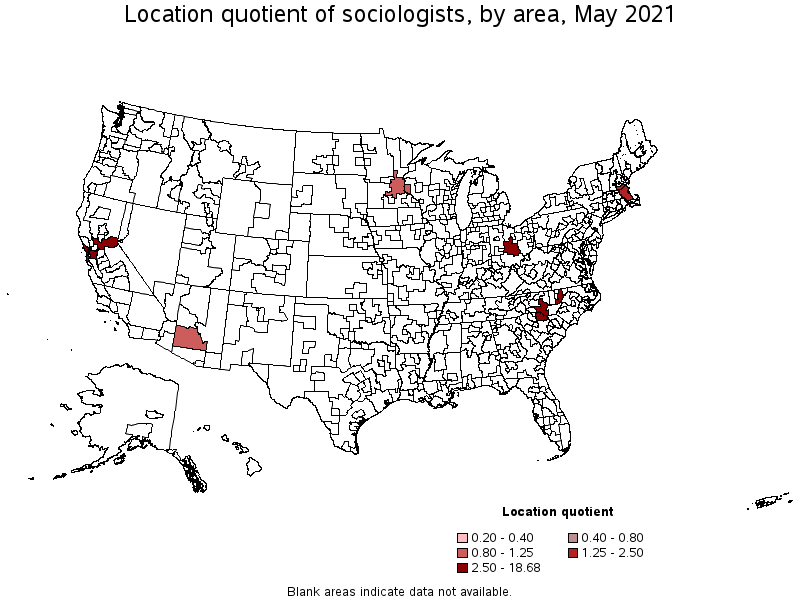 Map of location quotient of sociologists by area, May 2021