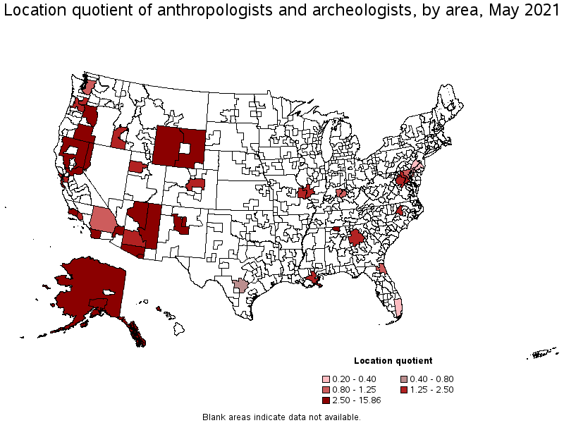 Map of location quotient of anthropologists and archeologists by area, May 2021