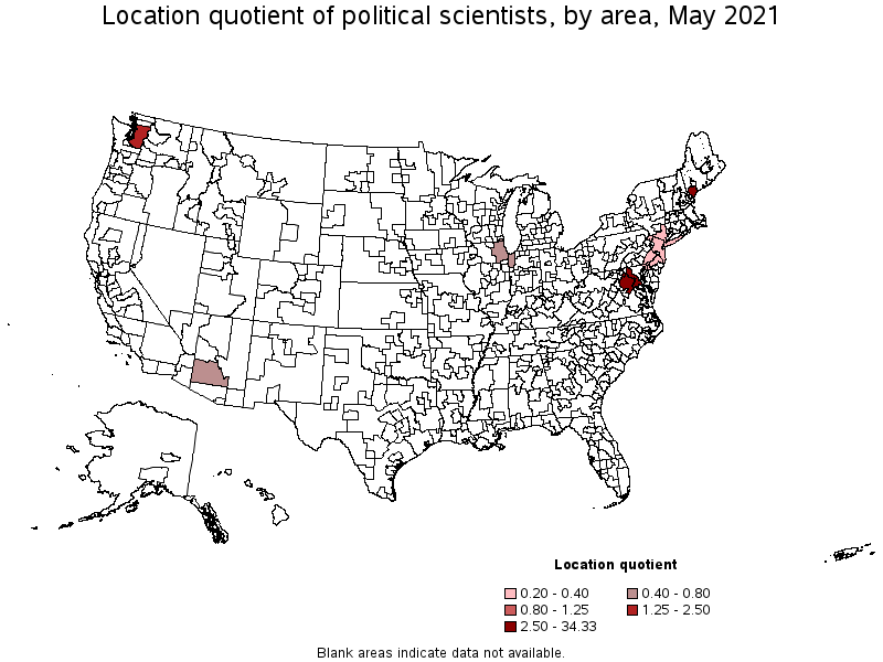 Map of location quotient of political scientists by area, May 2021