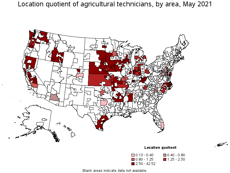 Map of location quotient of agricultural technicians by area, May 2021