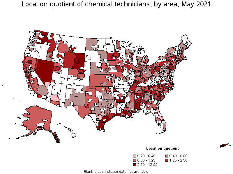 Map of location quotient of chemical technicians by area, May 2021