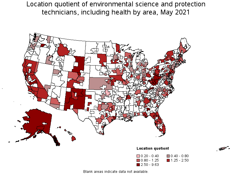 Map of location quotient of environmental science and protection technicians, including health by area, May 2021