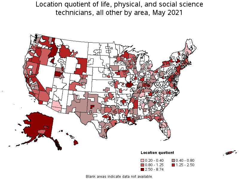 Map of location quotient of life, physical, and social science technicians, all other by area, May 2021