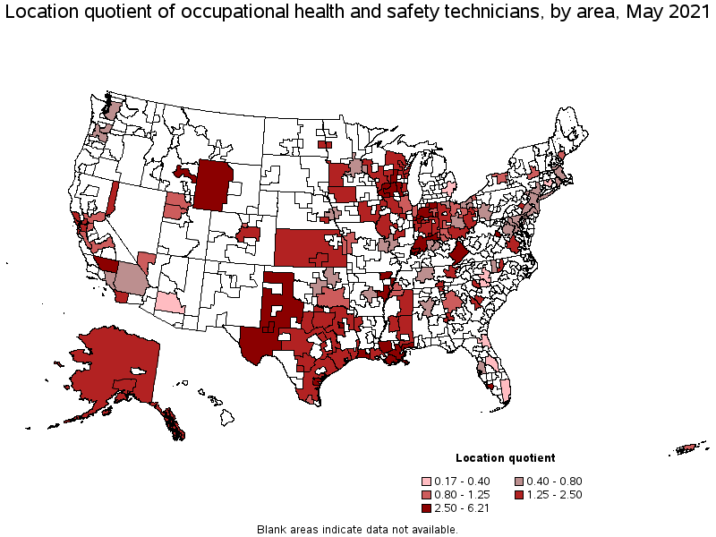 Map of location quotient of occupational health and safety technicians by area, May 2021