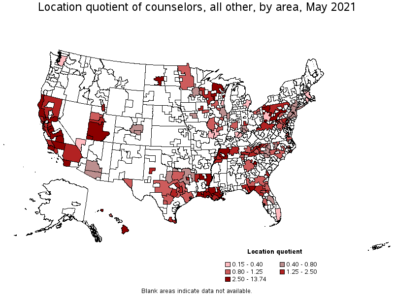 Map of location quotient of counselors, all other by area, May 2021