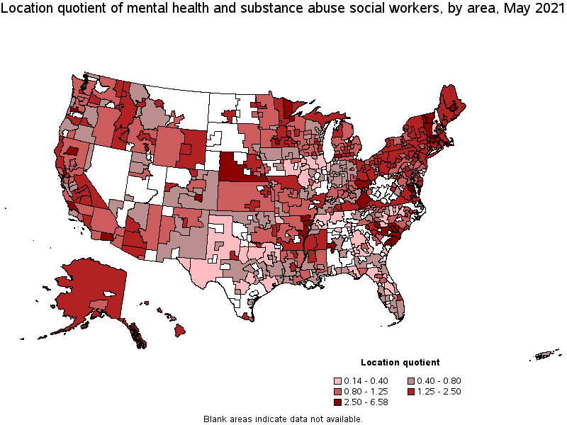 Map of location quotient of mental health and substance abuse social workers by area, May 2021