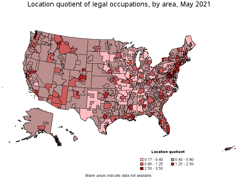 Map of location quotient of legal occupations by area, May 2021