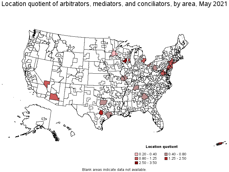 Map of location quotient of arbitrators, mediators, and conciliators by area, May 2021