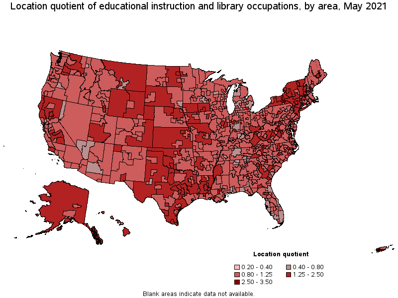 Map of location quotient of educational instruction and library occupations by area, May 2021