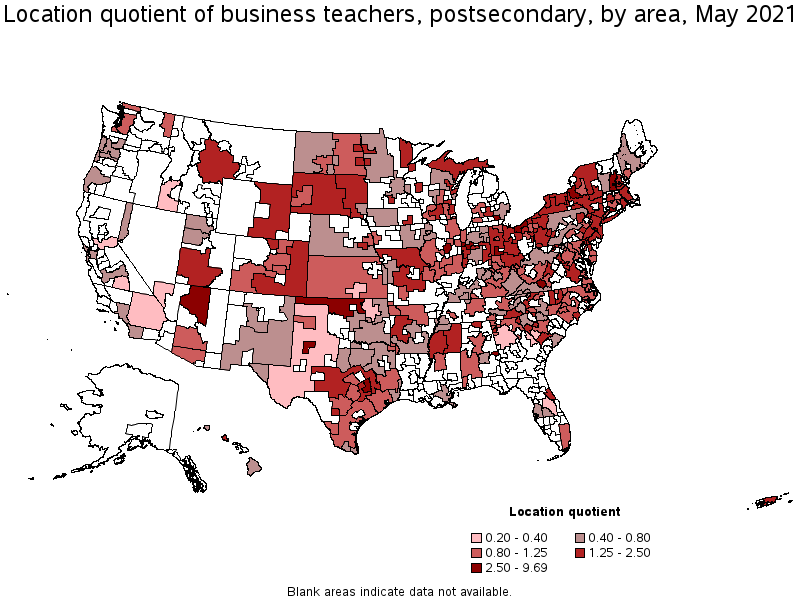 Map of location quotient of business teachers, postsecondary by area, May 2021