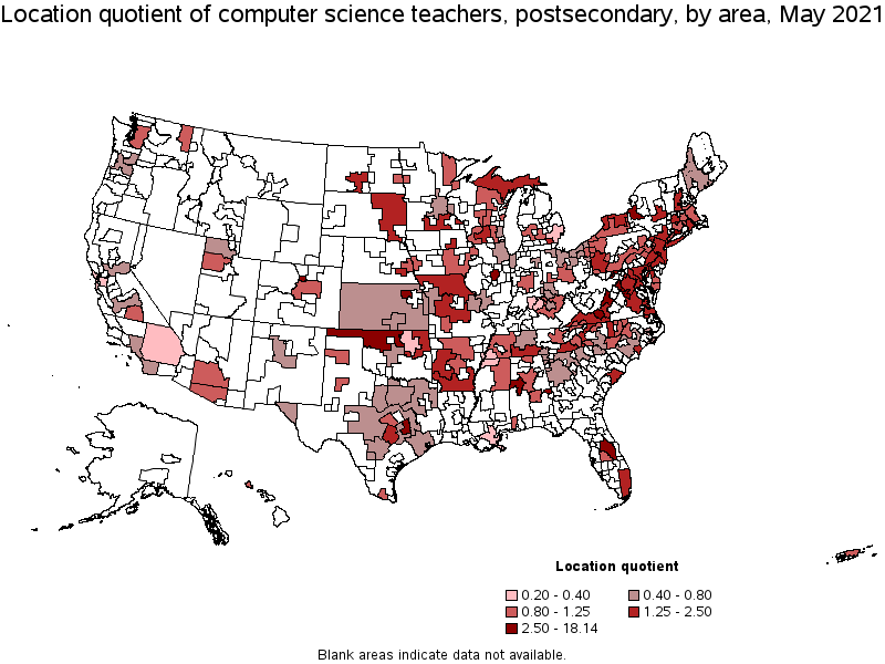 Map of location quotient of computer science teachers, postsecondary by area, May 2021