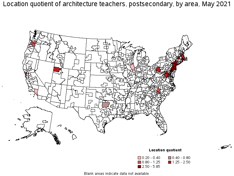 Map of location quotient of architecture teachers, postsecondary by area, May 2021