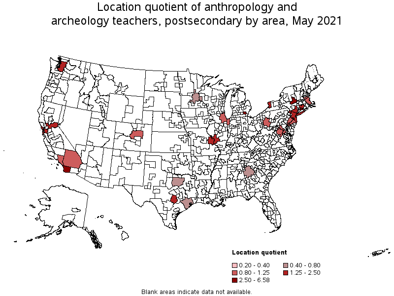 Map of location quotient of anthropology and archeology teachers, postsecondary by area, May 2021