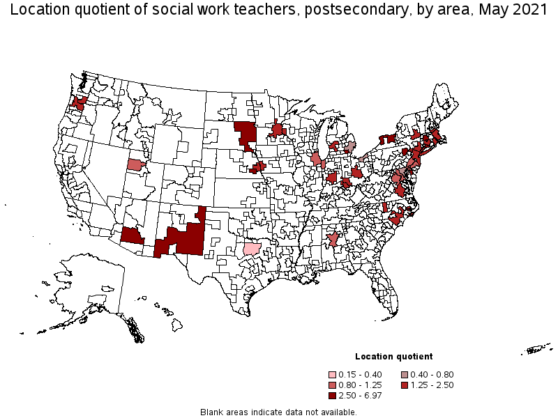 Map of location quotient of social work teachers, postsecondary by area, May 2021