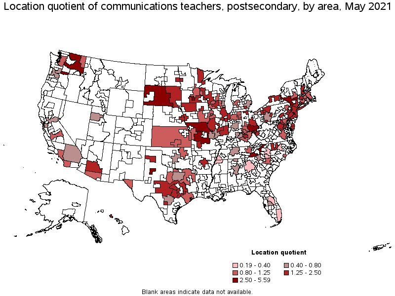 Map of location quotient of communications teachers, postsecondary by area, May 2021