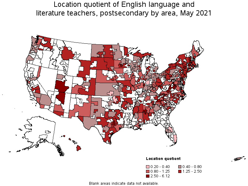 Map of location quotient of english language and literature teachers, postsecondary by area, May 2021