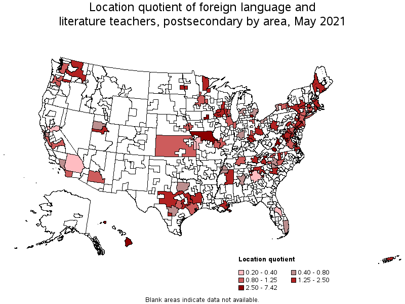 Map of location quotient of foreign language and literature teachers, postsecondary by area, May 2021