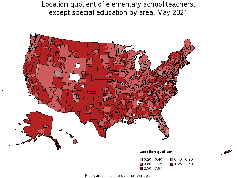 Map of location quotient of elementary school teachers, except special education by area, May 2021